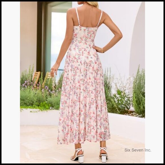 Mesh Floral Maxi Dress Sleeveless Spaghetti Strap Boho Beach Wedding Guest - Picture 4 of 7